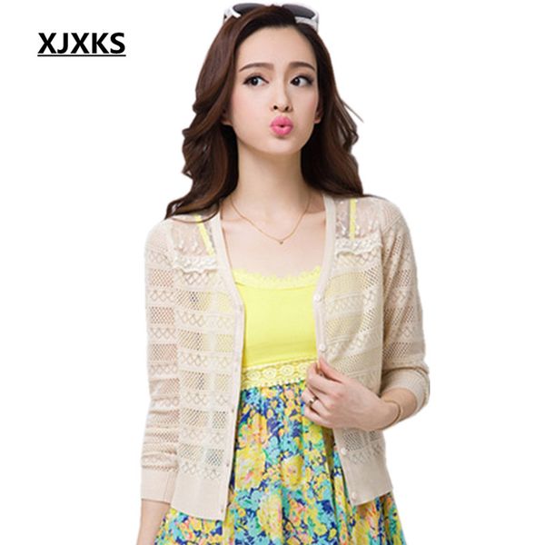 

xjxks ultra-thin summer sunscreen shirt women cardigan sweater cape shrug cutout lace cardigans all-match outerwear 8 colors, White;black