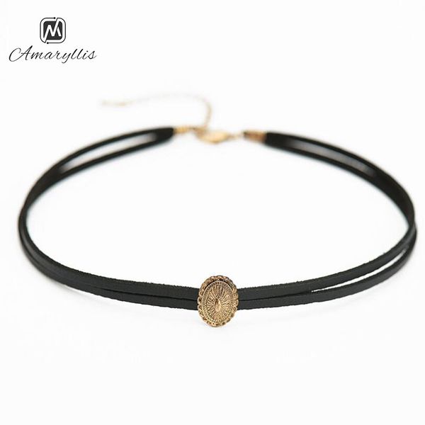 

amaiyllis vintage carved pattern geo oval pendant choker necklace for women simple black leather choker punk clavicle collar, Golden;silver