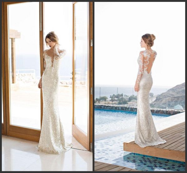 

2018 new luxury silver backless wedding dresses with deep v neck sheer long sleeves floor length sequined custom made bridal gowns, White