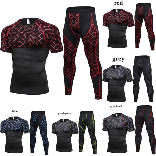 

new high elastic mens sports suits bodybuilding grid long shirts and pants running set men gym clothing quick dry men's sportswear, Gray