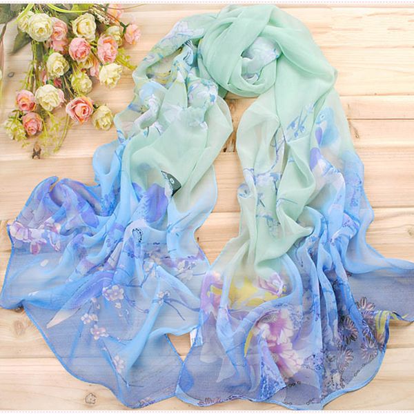 

new women chiffon floral printed designer scarf summer beach gradient plaid flower casual silk scarves long wrap item