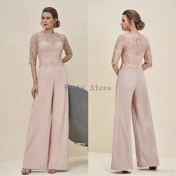 Tuta champagne Pantaloni per la madre della sposa Scollo trasparente Mezza manica in pizzo Madre dello sposo Abiti da sera eleganti e formali Pantaloni in chiffon uk