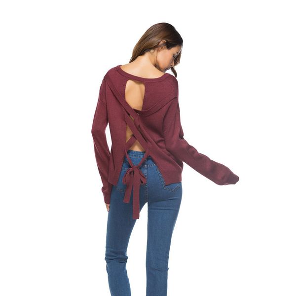 

2018 backless зима женщины свитер зашнуровать трикотажные женщины рукав свободные пуловер женский мягкий теплый осень повседневная перемычка, White;black