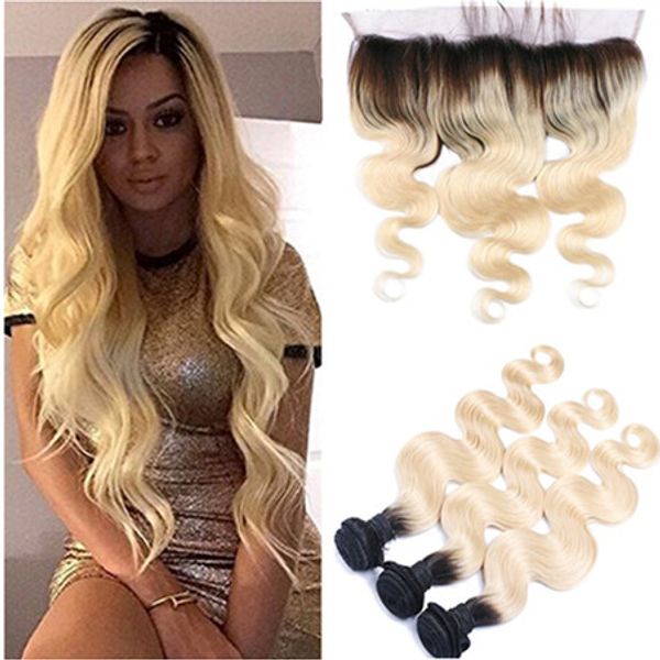 

ombre blonde ear to ear 13x4 full lace frontal closure with weaves 3bundles 1b/613 ombre peruvian body wave virgin human hair extensions, Black;brown