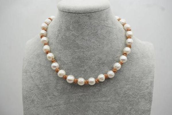 

handmade 100% natural freshwatr pearl leater necklace,big potato white pearl leather jewellery,10-12mm huge pearls, Black