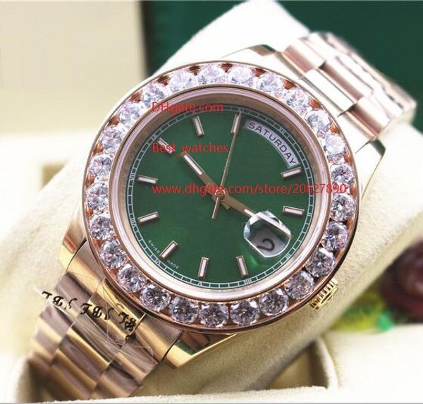 

factory supplier sapphire 18 kt yellow gold 41mm bigger diamond automatic mechanical men watches green dial, Slivery;brown
