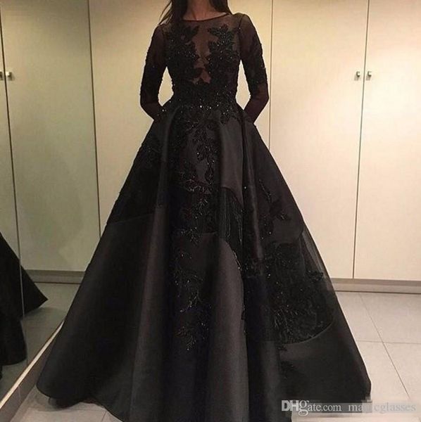 

новый zuhair murad формальные вечерние платья знаменитостей с оверсис поездом черное кружево с длинным рукавом арабский дубай мода пром плат, Black