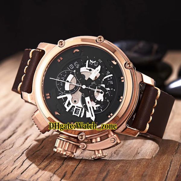 

new u-51 46mm chimera bronze 7474 b&b skeleton black dial quartz chronograph mens watch rose gold case leather strap watches, Slivery;brown