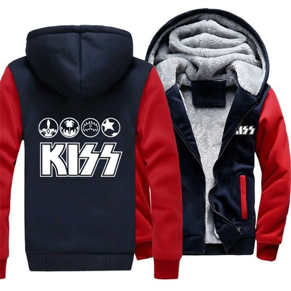 

2018 winter us size kiss printed jackets men zipper fleece thick hoodies men's coat casual hooded sweatshirts outwear tops, Black