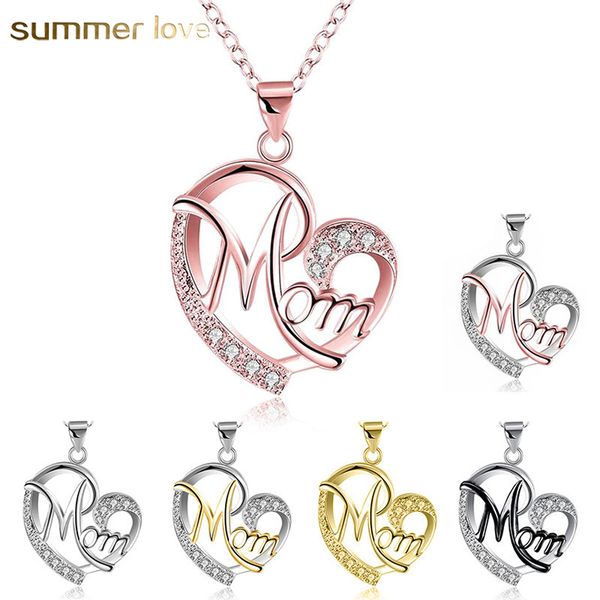 

fashion 7 style heart with zircon mom love charm necklace love family jewelry mother pendant word gifts wholesale 2018 new arrived, Silver