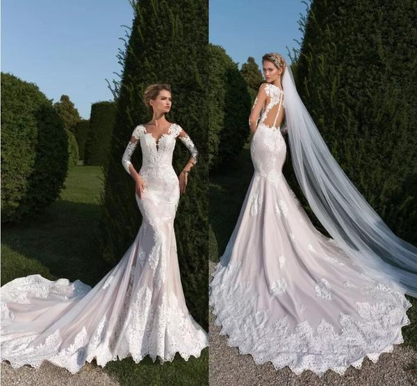 

2020 mermaid wedding dresses illusion long sleeves lace appliques tulle sweep train wedding gowns custom made robe de mariee, White