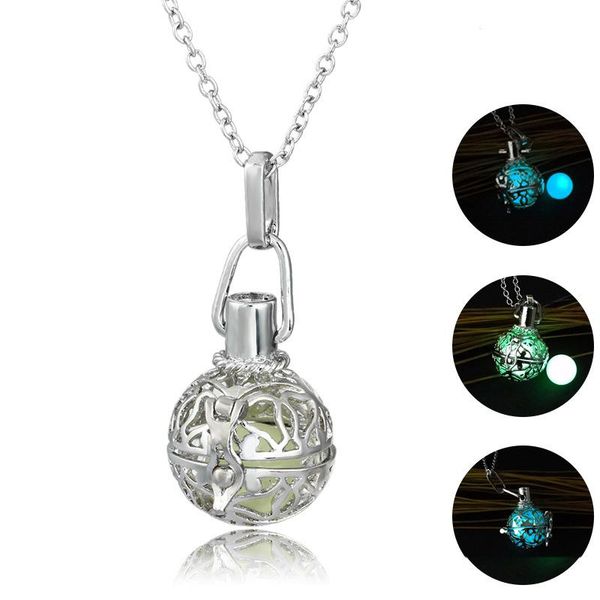 

luminous beads necklaces hollow lift pot creative locket necklace valentine's day gift antique fluorescent censer pot pendant jewelry, Silver