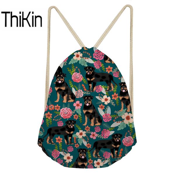 

thikin drawstring bags women rottweiler floral dog printing beach string bags ladies shoulder girls casual school bookbag
