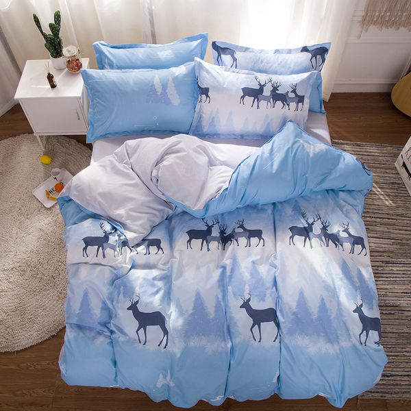 

deer cute cartoon bedding sets blue white elk snowflake tree duvet cover pillowcase 3/4pcs twin full  king size bed sheet