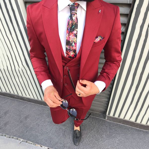

latest designs prom wear burgundy men suits wedding suit red peaked lapel groom tuxedos slim fit groomsmen blazer 3 piece jacket pants vest, Black;gray