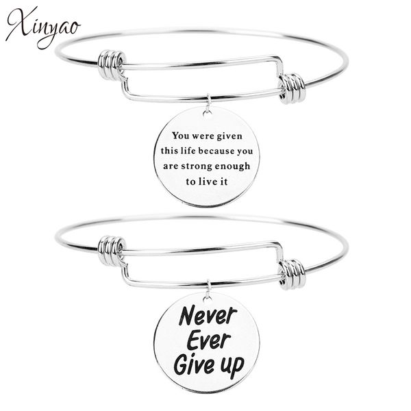 

xinyao 14 styles stainless steel round charm bracelet bangles for women adjustable wire bangle engraved inspirational jewelry, Black