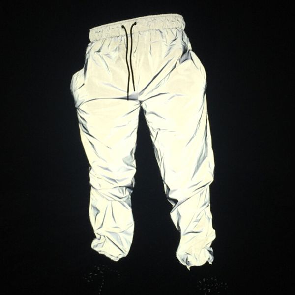 

reflective hip hop pants men joggers sweatpants men's streetwear night light shiny blink long pants for couples, Black