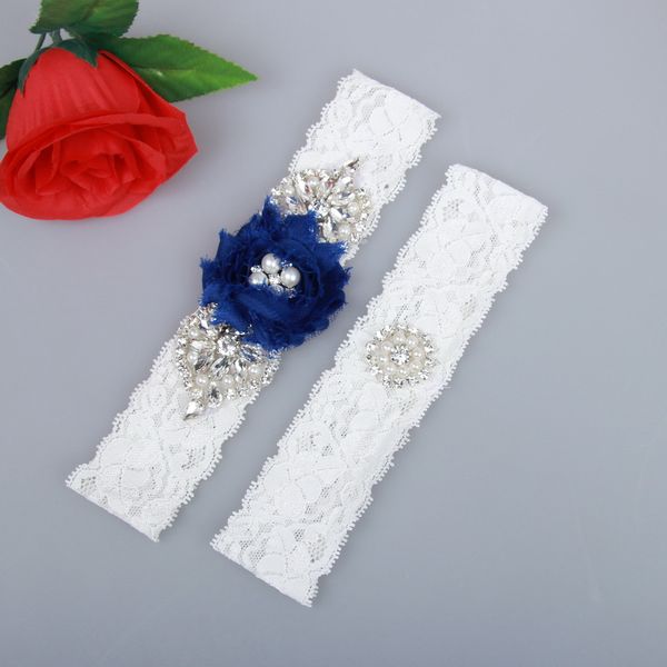

2 pieces set bridal leg garters prom garter bridal wedding garter belt lace rhinestones crystals pearls royal blue chiffon flowers, White