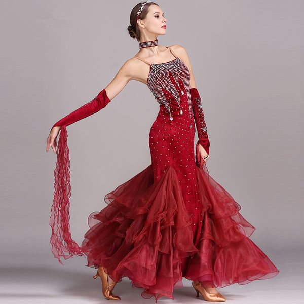 

5 color red black blue green waltz modern dance dress competition standard ballroom dancing clothes tango dress fringe, Black;red