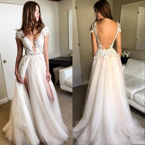 

high split tulle wedding dresses v-neck short sleeve sweep train a-line backless lace bridal gowns vestidos de noiva 2019 new w710, White