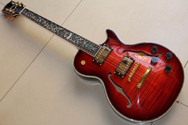 

new arrival small jazz electric guitar with abalone flower inlay semi hollow body in deep brown 121222