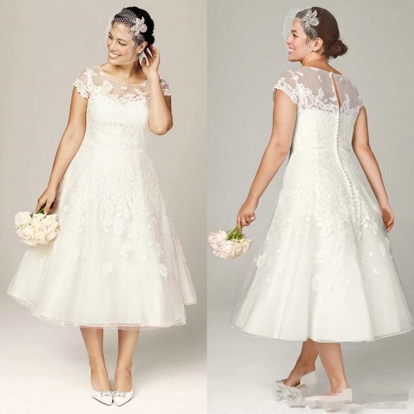 

plus size wedding dresses tea length bridal gowns vintage beach wedding dresses a line wedding gowns with cap sleeves and appliques, White