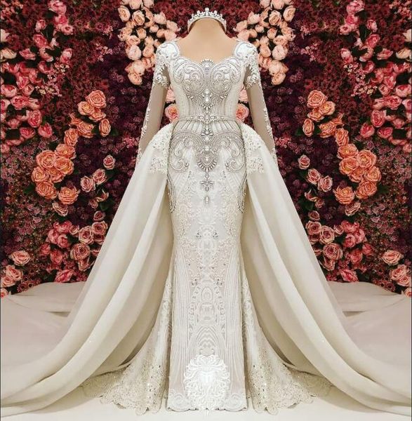 

роскошные zuhair мурад русалка свадебные платья со съемным поезд с длинными рукавами аппликация бисер свадебное платье vestido де novia свад, White