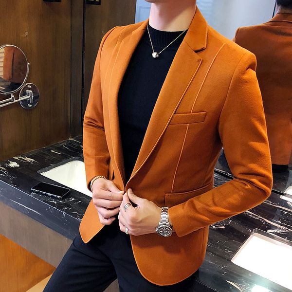 Acheter Mélange De Laine Blazer Hommes 3 Couleur Unie Noir Gris Orange Affaires Décontracté Hommes Vintage Blazer Costume Veste Hommes Costume Homme