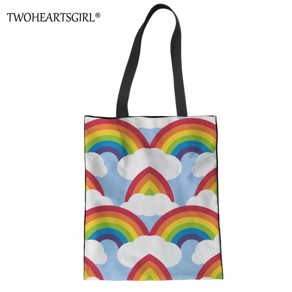 

twoheartsgirl rainbow dinosaur prints canvas handbag for women casual ladies shopping bags fashion shoulder bag girls beach bag