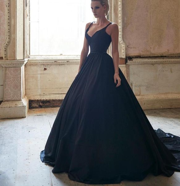 Schwarzes Satin-Ballkleid, Vintage-Gothic-Hochzeitskleid mit Trägern, V-Ausschnitt, ärmellos, Vintage, nicht weiß, nicht traditionelle Brautkleider