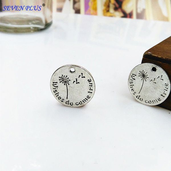 

20 pieces/lot diameter 20mm double-sided wishes do come true cute words wish charm pendant dandelion alloy charms, Bronze;silver