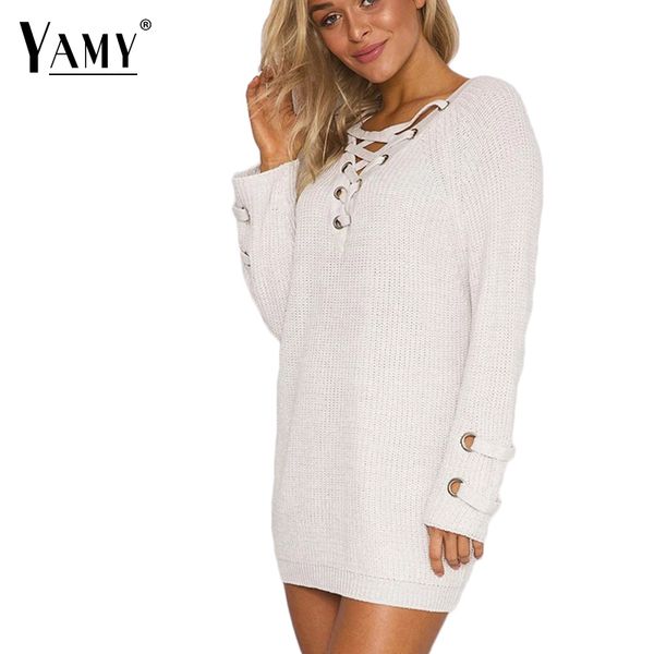 

lace up christmas sweater v neck women sweaters and pullovers female long knied sweater winter autumn pull femme hiver, White;black