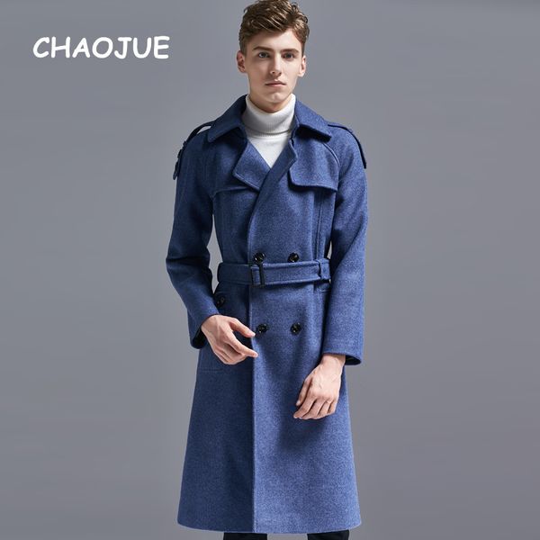 

chaojue brand europe fashion woolen coat for men 2018 winter double breasted long trench male england blue overcoat, Black