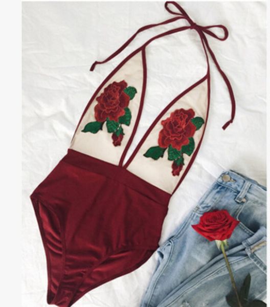 

women red bikini summer beach holiday swim clothing one piece rose embroidery playsuits, White;black