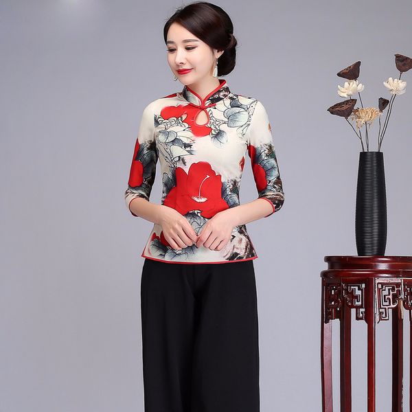 

chinese style women mandarin collar shirt printed flower handmade button slim elegant satin tang clothing plus size 4xl, White