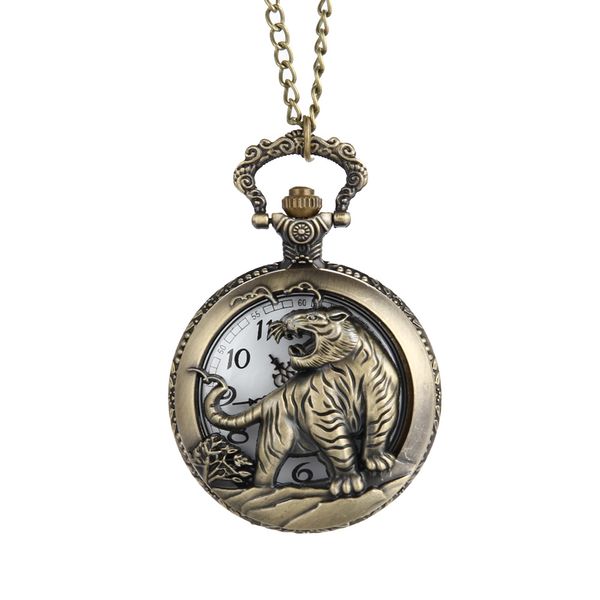 

brown pocket watch men's vintage tiger hollow / carved quartz pocket watch necklace pendant chinese zodiac women men gift ll@17, Slivery;golden