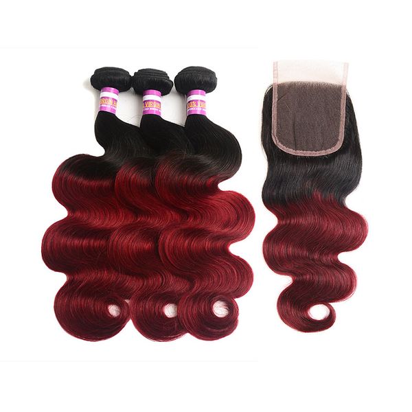 Capelli vergini brasiliani rosso vino con chiusura in pizzo 4X4 Two Tone Colored 1B / 99J Borgogna Ombre Body Wave