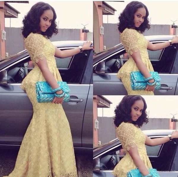 

Fashion Scoop Mermaid Prom Dresses 2018 Black Girl Prom Dresses Short Sleeves Vintage Lace Nigeria Style Dresses Yellow Color