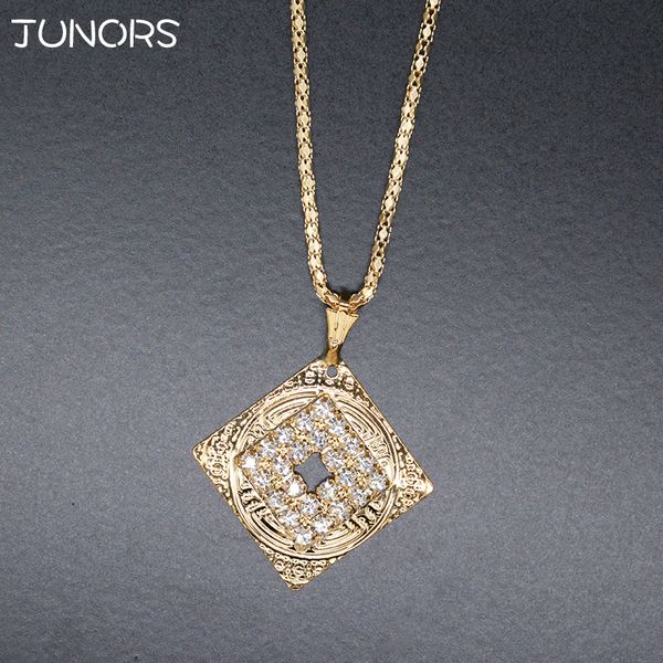 

alloy metal crystal square pattern ethnic totem necklace for women hollow out gold chain vintage pendant jewelry gift, Silver