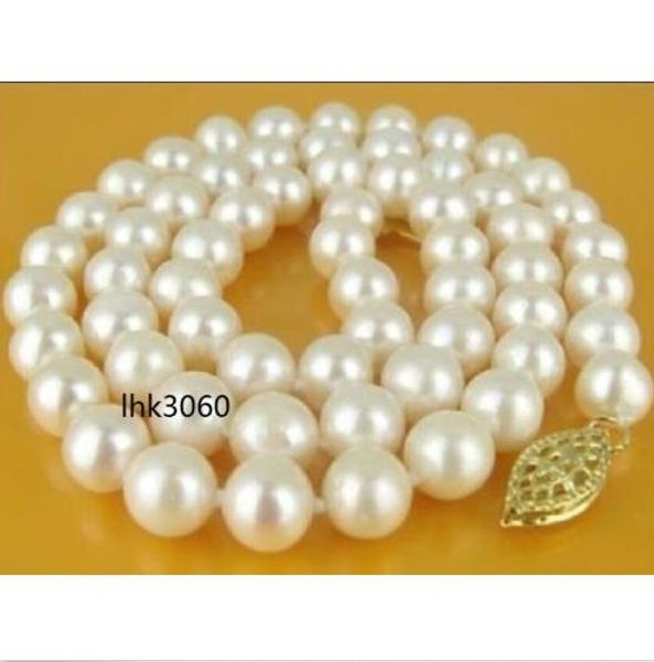 

real classic 18" 9-10mm akoya white pearl necklace 14k yellow gold clasp, Silver