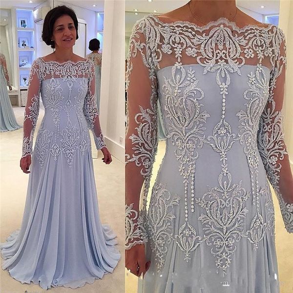 

Lavender Long Sleeve Mother Of The Bride Dresses 2018 A Line Sheer Bateau Floor Length Chiffon Lace Beach Women Prom Wedding Guest Gowns