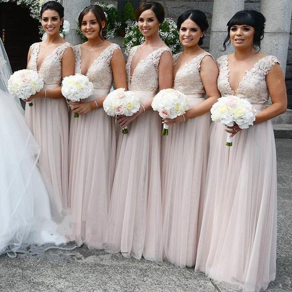 Blush Pink Abiti da damigella d'onore Pizzo vintage Illusion Scollo a V profondo Abito da ospite senza schienale Tulle Abito da damigella d'onore economico