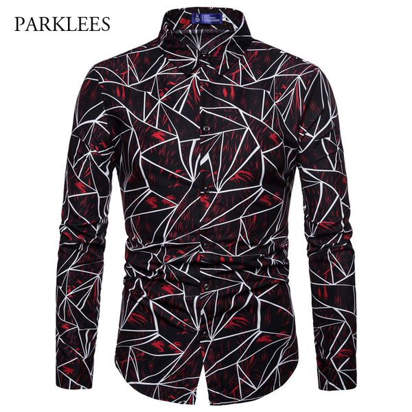 

men's irregular geometric print shirt 2018 autumn winter new slim fit long sleeve dress shirts mens stylish casual chemise homme, White;black