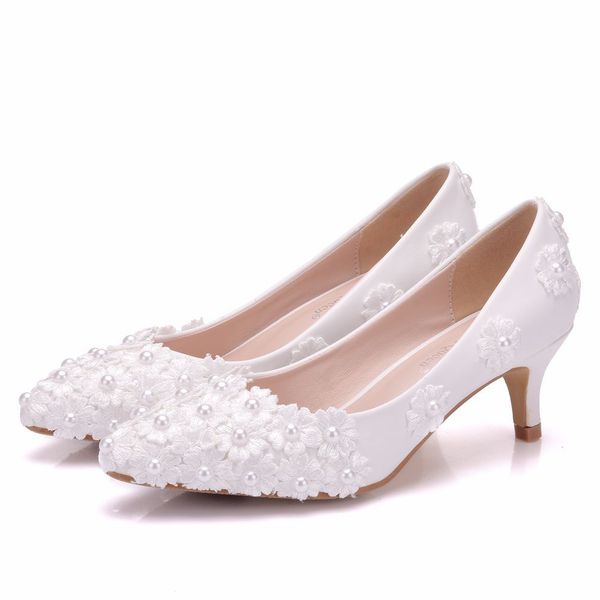 

new fashionl handmade pointed toe shoes for women 5cm heels beautiful lace flower wedding shoes thick heel shoes plus size bridal heels, Black