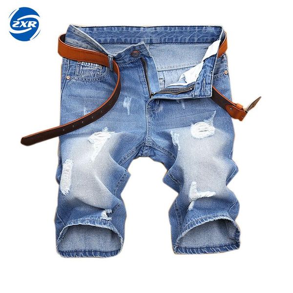 

new fashion casual denim jeans shorts men straight knee length slim fit elasticity cotton ripped jeans shorts men plus size 38, Blue