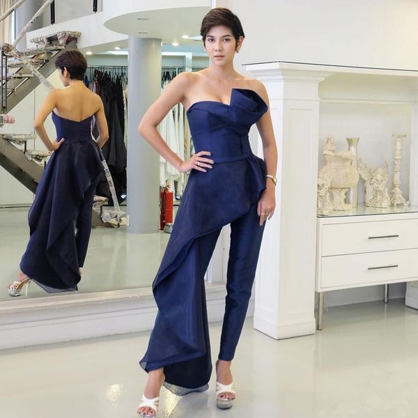 

fashion royal blue pantsuit evening dresses strapless garment prom gowns vestidos de fiesta organza pant suit for women, Black;red