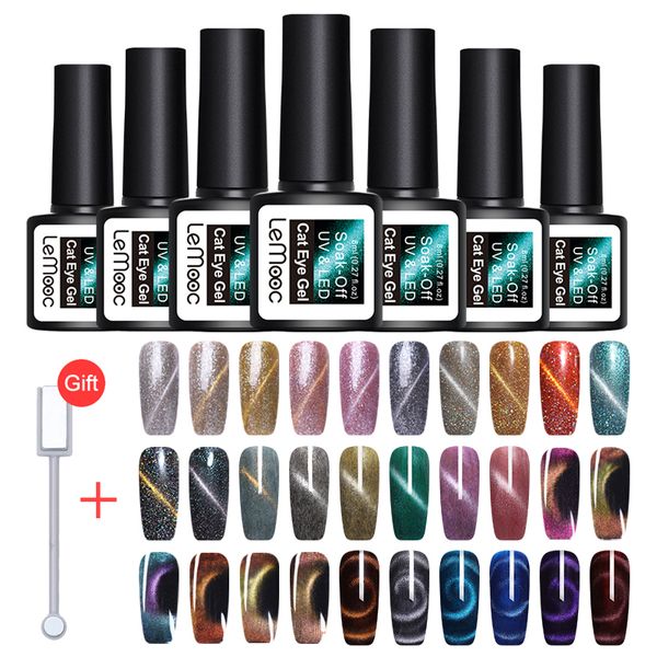 

lemooc 6 bottles 8ml glitter cat eyes uv gel + 1 pc magnetic stick varnish 3d diy cat's eye nail gel polish soak off lacquer, Red;pink