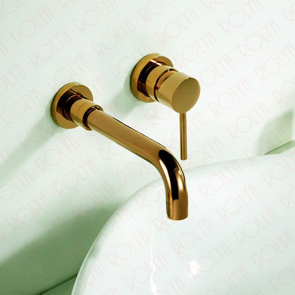 ROLYA Badezimmer-Wasserhahn-Mischbatterien aus massivem Messing mit goldenem Einhebel-Einhebelmischer und wandmontiertem Waschbecken-Set