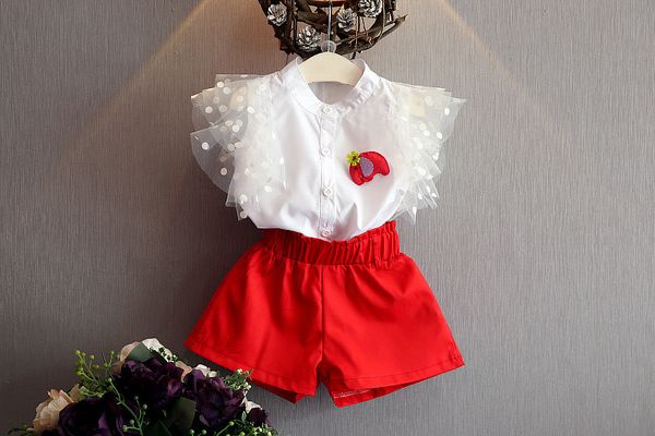 

дизайнер кружева точка рукавом белые кнопки топ с шорты лето детская одежда принцесса платье детские наборы девушки одежда наборы груза паде, White