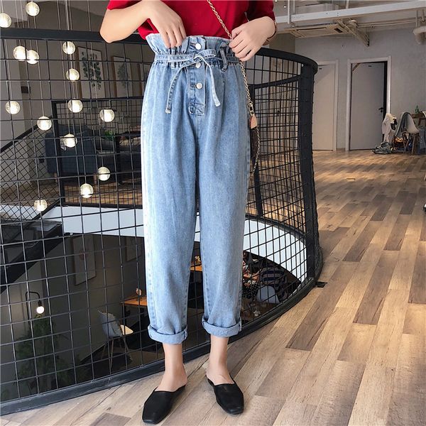 

2018 new fashion lady bud sashes jeans women's solid regular pants high waist student slim trousers 8295#, Blue